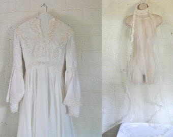 Unique Vintage 1960s White Satin Wedding Gown With Gorgeous Beaded Detailing - Comes with Veil (Women's Size Small)