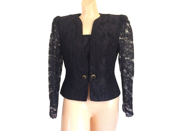 Vintage 80s Romantic Black Lace Cropped Blazer Wi… - image 1