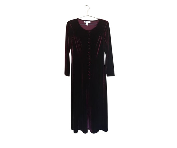 Vintage 90s Long Burgundy Velour Maxi Dress - Loo… - image 1