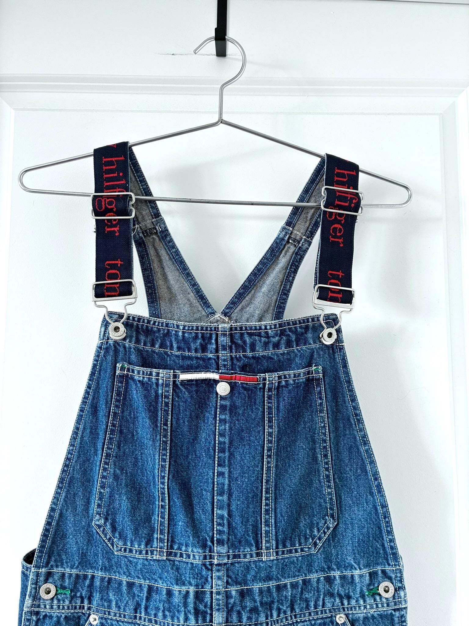 Baggy Vintage Tommy Hilfiger Overall Shorts Spellout Strap Dark 
