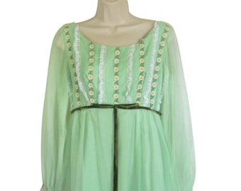 Vintage 1960s Light Green Daisy Dress  With Empire Waist - Flower Core (Size Women's Small)