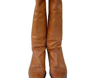 Vintage Caramel Brown Leather Tall Boots Womens 7.5 Narrow Riding Boots Made in Brazil