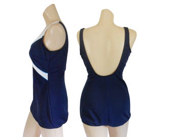 Vintage Figure Flattering One Piece Pinup Bathing Suit - Blue and White (Women's Size 12)