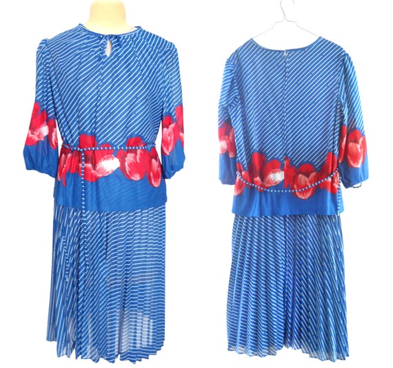 Vintage Aqua Blue Dress With Large Red Flowers an… - image 1
