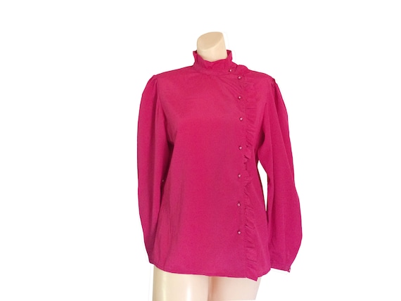 Vintage Hot Pink High Neck Ruffle Blouse by Levi … - image 1