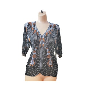 Vintage 1980s Black Silk Top Elaborately Beaded - With Sequins (Women&#39;s Size Small)