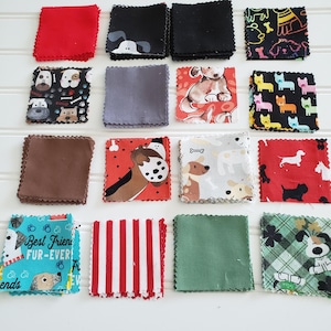 May include: A collection of sixteen square fabric patches with pinked edges, featuring various dog-themed prints, solid colors, and striped patterns in red, black, brown, green, and blue, with one patch displaying the text Best Friends Fur-Ever.