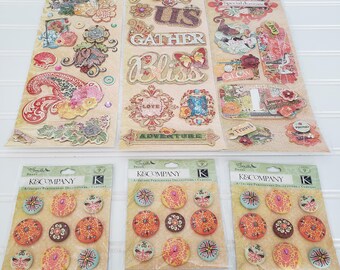 K&Company Que Sera Sera Embellishment Lot Chipboard Fabric Brads 62 Pieces