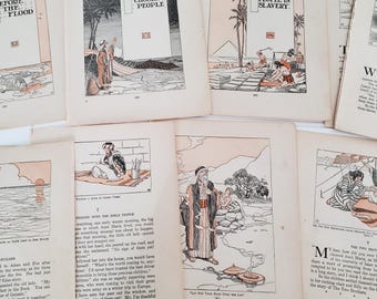 Vintage Bible Story Pages Ephemera Lot Illustrated Old Testament Junk Journal Paper
