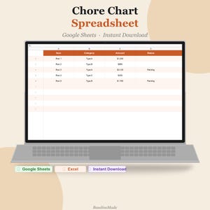 Puede incluir: Una pantalla de portátil muestra una hoja de cálculo titulada "Chore Chart Spreadsheet". La hoja de cálculo muestra columnas para el artículo, la categoría, la cantidad y el estado. El texto "Google Sheets" e "Instant Download" también son visibles.