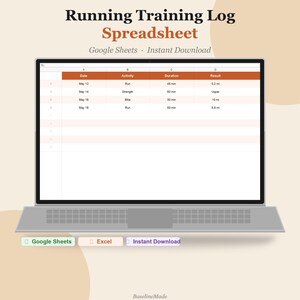 May include: A digital running training log spreadsheet displayed on a laptop screen. The table includes columns for Date, Activity, Duration, and Result with sample entries. Below the laptop are labels for Google Sheets, Excel, and Instant Download.