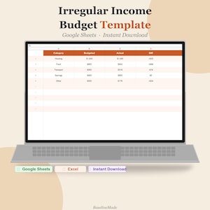 May include: A digital Irregular Income Budget Template displayed on a laptop screen. The spreadsheet features columns for Category, Budgeted, Actual, and Diff, with rows for Housing, Food, Transport, Savings, and Other. Includes Google Sheets and Excel labels.