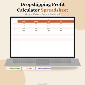 Op de afbeelding: Een laptop toont een spreadsheet met de titel "Dropshipping Profit Calculator Spreadsheet". De spreadsheet toont gegevens over inkomsten, kosten en winst. De tekst "Google Sheets" en "Instant Download" zijn ook zichtbaar.