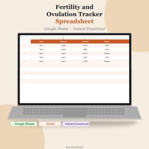 Puede incluir: Una hoja de cálculo digital en la pantalla de un portátil titulada Fertility and Ovulation Tracker Spreadsheet. La tabla incluye columnas para Item, Category, Amount y Status con filas del 1 al 5. Los botones inferiores muestran Google Sheets, Excel e Instant Download.