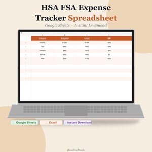 Może przedstawiać: Ekran laptopa wyświetla arkusz kalkulacyjny zatytułowany "HSA FSA Expense Tracker Spreadsheet". Arkusz kalkulacyjny jest zorganizowany z kategoriami takimi jak Mieszkanie, Jedzenie i Transport. Obraz zawiera tekst "Google Sheets" i "Instant Download".