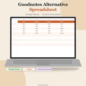 Può includere: Un foglio di calcolo digitale visualizzato sullo schermo di un portatile con il testo Goodnotes Alternative Spreadsheet, Google Sheets e Instant Download. La tabella include colonne per Item, Category, Amount e Status con dati.