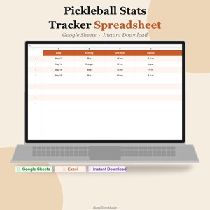 May include: A digital Pickleball Stats Tracker Spreadsheet displayed on a laptop screen. The spreadsheet features columns for Date, Activity, Duration, and Result. Below the laptop are three rectangular labels: Google Sheets, Excel, and Instant Download.