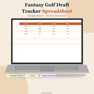 Può includere: Un laptop mostra un foglio di calcolo intitolato "Fantasy Golf Draft Tracker Spreadsheet". Il foglio di calcolo mostra colonne per data, attività, durata e risultato. Il testo "Google Sheets" e "Instant Download" è incluso.