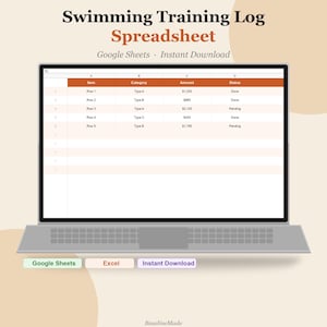 Puede incluir: Una hoja de cálculo digital de registro de entrenamiento de natación en la pantalla de una computadora portátil. La interfaz muestra columnas para Item, Category, Amount y Status con filas del 1 al 5. El texto incluye Swimming Training Log Spreadsheet, Google Sheets, Instant Download, Excel y BaselineMade.