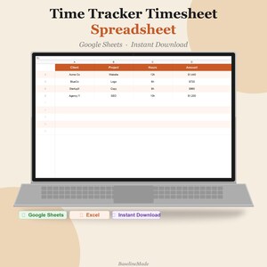 Puede incluir: Una pantalla de portátil que muestra una hoja de cálculo Time Tracker Timesheet con columnas para Client, Project, Hours y Amount. La interfaz incluye texto para Google Sheets e Instant Download. Debajo hay tres etiquetas rectangulares.