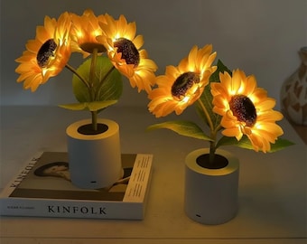 Rechargeable 3-Head Sunflower LED Night Light, Floral Bedside Lamp Decor