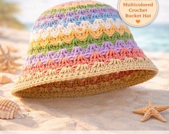 マルチカラーのかぎ針編みバケットハット：ボヘミアン風ジグザグ模様のサマービーチサンアクセサリー