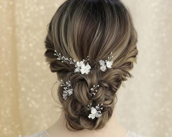 Horquillas Pelo Novia Perlas 6 Piezas Flores Blancas Hojas Doradas Accesorios Cabello Boda