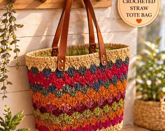 Bolsa Playa Paja Mediana Boho Étnica Detalle Cuero Verano
