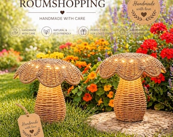 Linterna Solar Ratán Forma Hongo Set 2 Luz Jardín Exterior Boho