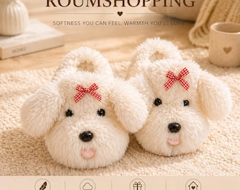 Plush Dog Slippers Women: Cozy Bow Indoor House Shoes, Non-Slip Warmth