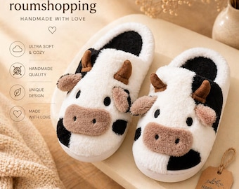 Pantuflas Vaca Mujer Hombre Peluche Invierno Cerradas Antideslizantes