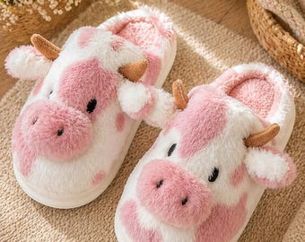 Pantuflas Vaca Mujer Invierno Peluche Cerradas Antideslizantes