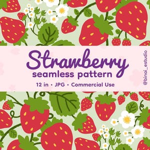 Pode incluir: Um padrão sem costura com morangos vermelhos, folhas verdes e flores brancas sobre um fundo verde claro. O texto "Strawberry seamless pattern" é exibido em roxo. A imagem tem 12 polegadas e é para uso comercial.