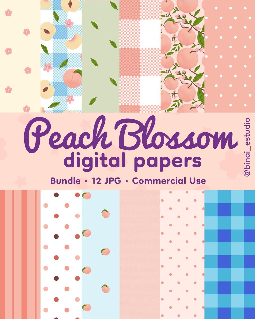 Peach Digital Paper Pack, Cute Seamless Patterns, Kawaii Peach ...