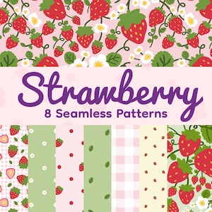 Strawberry Seamless Pattern Bundle, 8 Digital Papers, Kawaii Strawberry Pattern, Cottagecore Fabric Print, Scrapbook Paper, Commercial Use