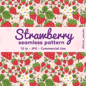 Pode incluir: Padrão sem costura com morangos vermelhos, folhas verdes e flores brancas sobre um fundo rosa claro. O texto "Strawberry seamless pattern" está em roxo. A imagem tem 30.48 cm e é para uso comercial.