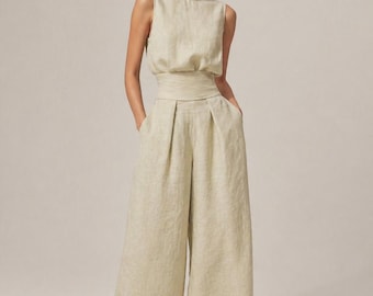 Linen High Neck Top & Wide Leg Trousers Set | Minimalist Summer Co-Ord