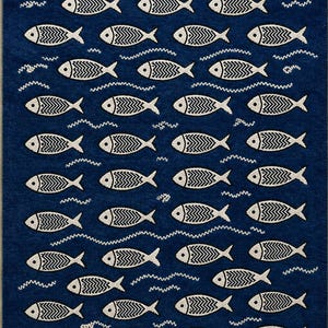Alfombra de área de peces azules hecha a mano - Alfombra de lana costera moderna para sala de estar, habitación infantil y dormitorio - Decoración del hogar con temática náutica del océano - No tóxica,