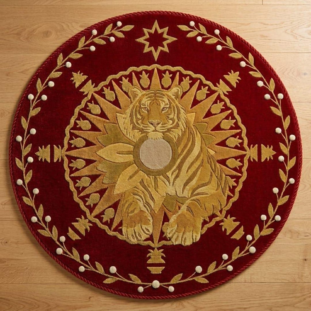 Round Tiger Rug, Red and Gold Tufted Area Rug, Maximalist Decor ...