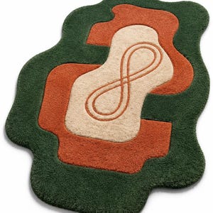 Abstract Infinity Loop Area Rug | Hand Tufted Wool Rug | Forest Green Terracotta Beige | Organic Shape Rug | Living Room Rug | Boho Decor