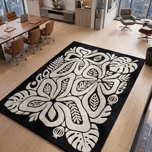 Black and White Botanical Rug, Modern Floral Area Rug, Handmade Tufted Rug, Monstera Leaf Pattern Carpet, Contemporary Living room ,