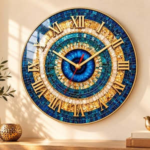 May include: A round wall clock featuring a mosaic pattern of blue, gold, and white tiles. The clock face displays gold Roman numerals and gold hands, with a thin red second hand. The design is enclosed in a thin gold circular frame.