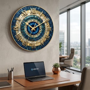 Peut inclure: Une horloge murale circulaire présentant un motif en mosaïque de carreaux bleus et dorés avec un design central en iris bleu profond. Le cadran affiche des chiffres romains dorés et de fines aiguilles dorées, le tout dans un cadre en métal doré.