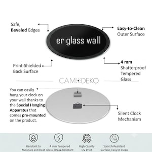 May include: A circular glass wall clock featuring the text er glass wall, 4 mm shatterproof tempered glass, beveled edges, a print-shielded back surface, and a silent clock mechanism with a pre-mounted special hanging apparatus.