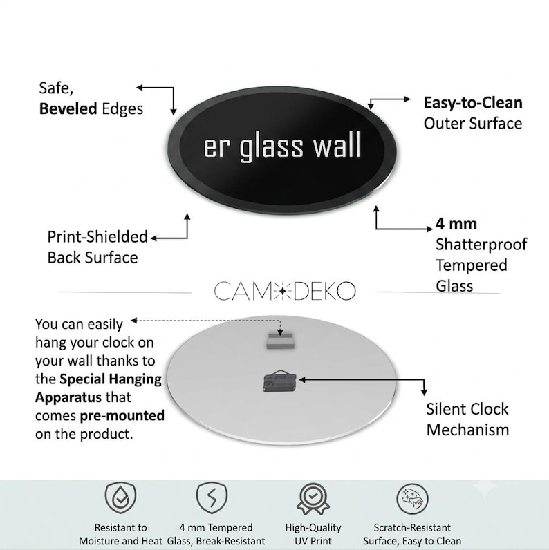 May include: A circular glass wall clock featuring the text er glass wall, 4 mm shatterproof tempered glass, beveled edges, a print-shielded back surface, and a silent clock mechanism with a pre-mounted special hanging apparatus.