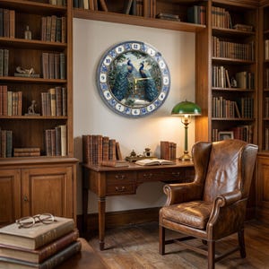 May include: A round wall clock featuring a central illustration of two peacocks in a garden setting, surrounded by a blue and white patterned border with black numerals from one to twelve and gold-colored clock hands.