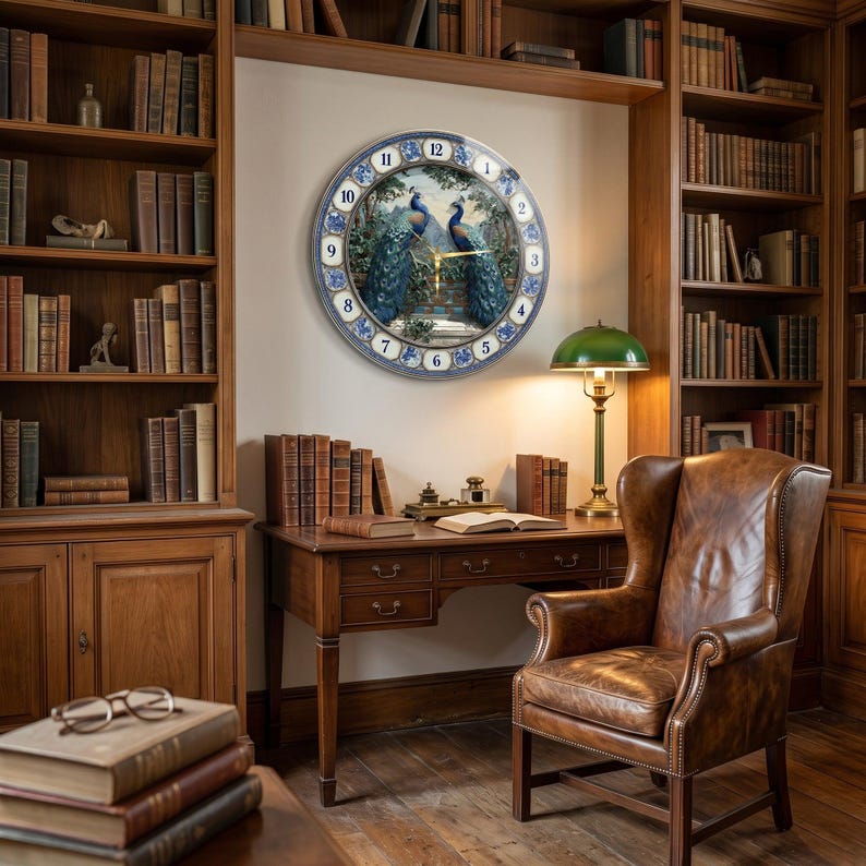 May include: A round wall clock featuring a central illustration of two peacocks in a garden setting, surrounded by a blue and white patterned border with black numerals from one to twelve and gold-colored clock hands.