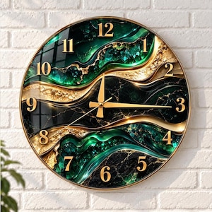 May include: A round wall clock featuring a swirling abstract pattern of deep emerald green, black, and metallic gold. The clock face displays gold-coloured Arabic numerals from 1 to 12 and matching gold-coloured hour, minute, and second hands.