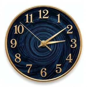 May include: A round wall clock featuring a deep blue face with a swirling, textured pattern. The clock has a metallic gold frame, gold-colored hour and minute hands, and raised gold-colored numerals from one to twelve arranged in a circle.