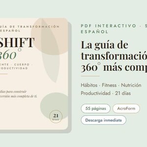 Puede incluir: Una portada de libro digital con el título "SHIFT 360". La portada es beige con una columna vertebral verde y acentos. El texto incluye "Mente, Cuerpo, Productividad" y "21 días para construir la versión más completa de ti."